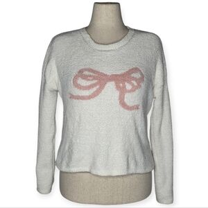Happily Grey Cream Pink Bow Fuzzy Knit Sweater Size L